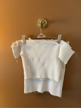 White Ribbed Off-Shoulder Crop Top & Skirt